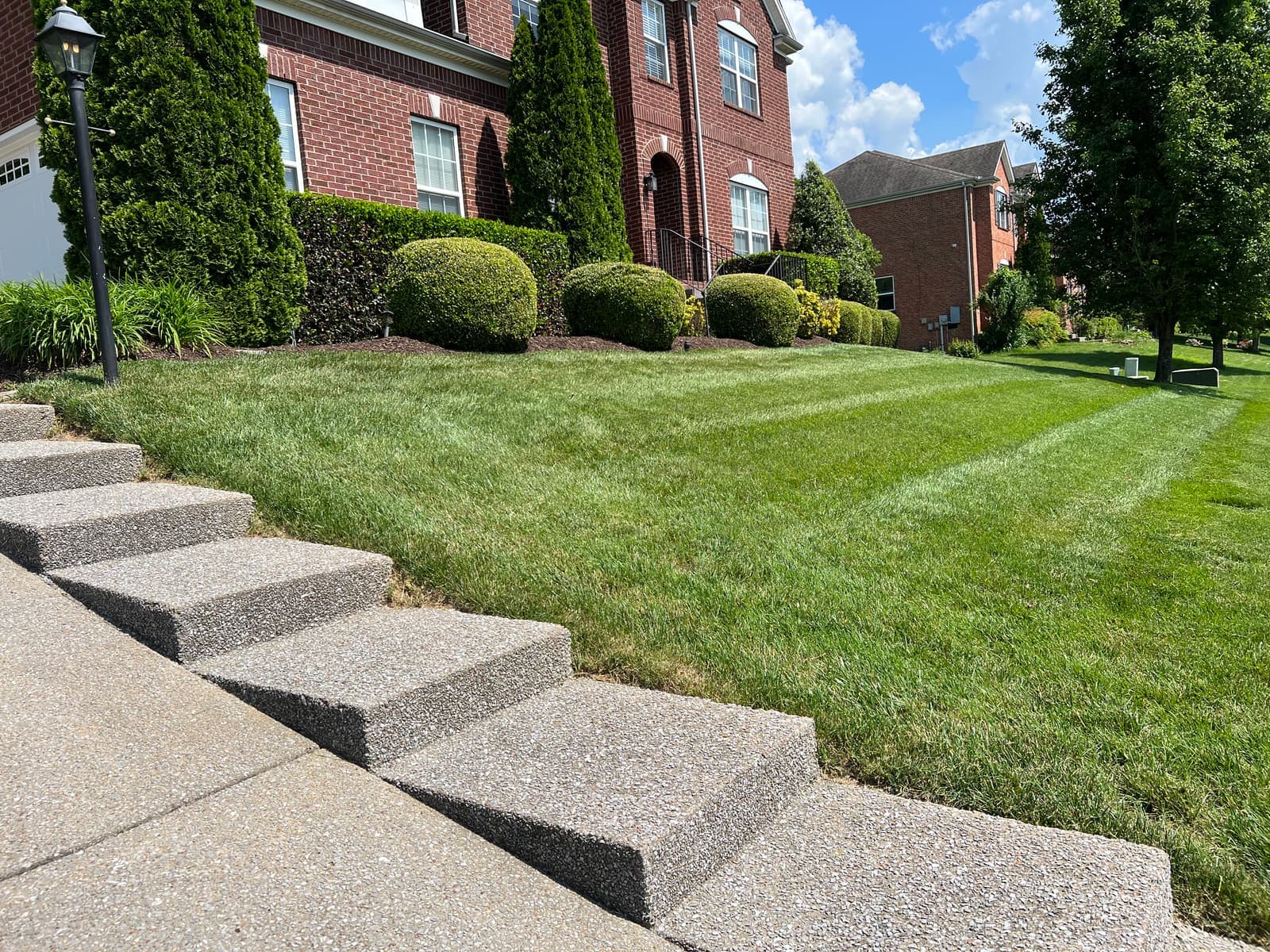 Brick home with rounded boxwoods, evergreens and dark mulch beds above a striped lawn